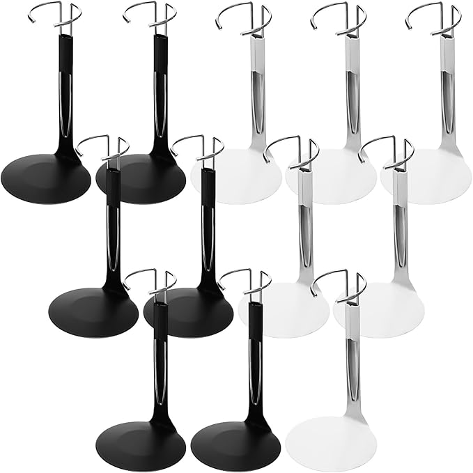 12 Pcs Doll Stand Action Figure Stands with Expandable Waist Wire for 8" to 12" Dolls and Action Figure (Black, White)