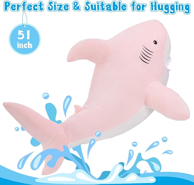 MaoGoLan Giant Shark Stuffed Animal, 51“ Large Stuffed Shark Plush Pillow for Kids Boys Girls Gift, Pink