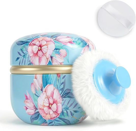 SHIMIDO Body Powder Puff and Container, 3.15" Portable Empty Body Powder Container for Baby Women's Loose Dusting Powder, Powder Case Box with Lids for Bath, Travel and Home Use (Big Flower)