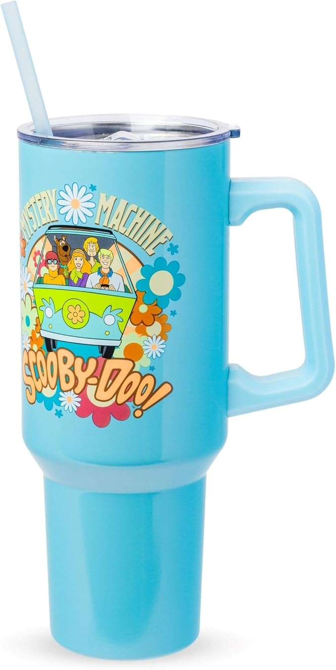 Silver Buffalo Scooby Doo Mystery Machine Featuring Shaggy, Velma, Fred and Daphne Double Walled Stainless Steel Tumbler with Handle and Straw, Fits in Standard Cup Holder, 40 Ounces