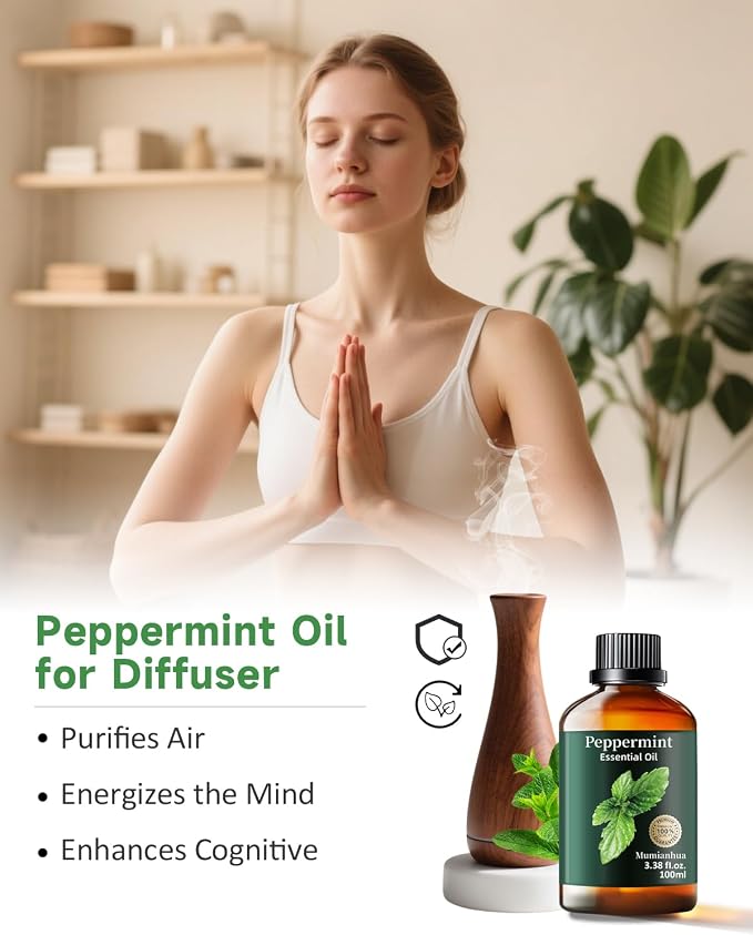 Peppermint Essential Oil, Minty Scent, Diffuser, Outdoor & DIY, 3.38 Fl Oz | Mumianhua Peppermint Oil. Fresh, Cooling Scent. For Focus, Outdoor, Scalp & Skin. DIY Cleaning & Diffusion