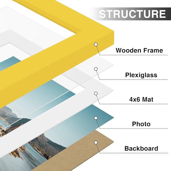 Vittanly 5x7 Picture Frames Set of 9 for Wall or Tabletop Display, Yellow | Display Pictures 4x6 with Mat or 5x7 without Mat, Small Photo Frames, Engineered Wood with Shatter Resistant Plexiglass