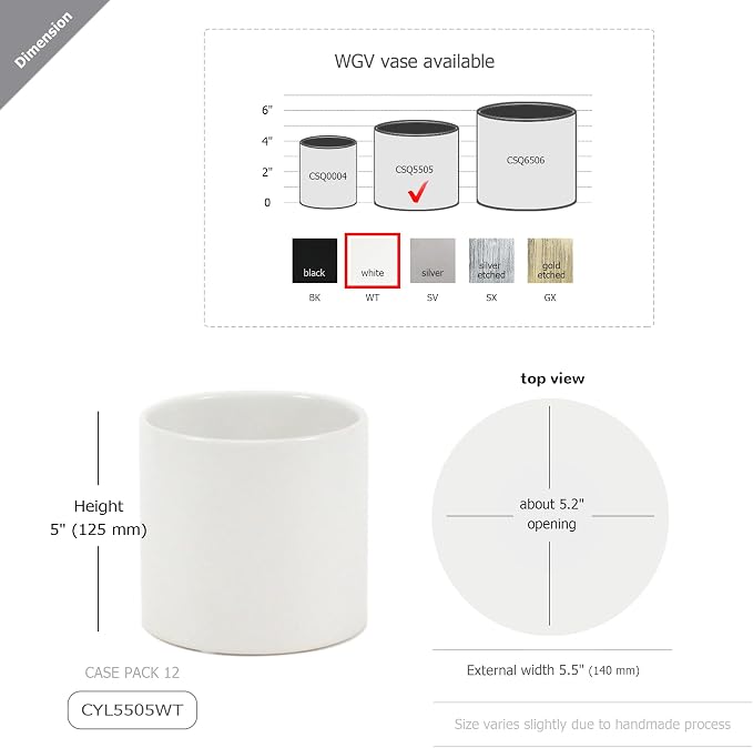 WGVI Matte White Ceramic Cylinder Vase Width 5.5" Height 5", Flower Arrangements, Candle Holder, Terrarium Planter Pot, Storage Container Organizer, Pen Brush Holder, Tabletop Decor, Bulk, 12 Pcs