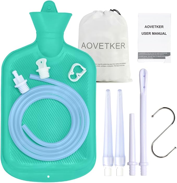 Enema Bag Kit for Women & Men, Colon Cleanse Enema Bag 2L with 4 Tips & Flow Control Clamp, 5ft Hose, Hook, Storage Bag