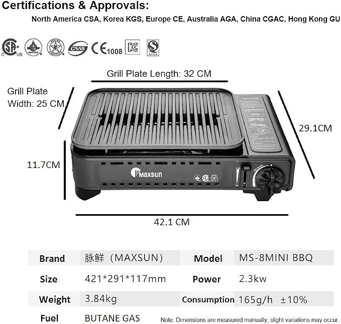 MAXSUN Portable Butane Grill, Tabletop BBQ Camping Stove MS-8, 7,250BTU Outdoor Gas Grill with Nonstick Plate, Fast Heat-Up Portable Cooker for Tailgating, Picnics & Korean BBQ