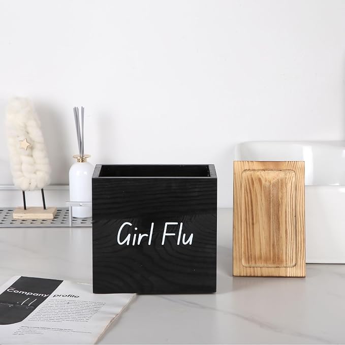 GoFika Tampon Holder for Bathroom| Feminine Product Organizer| Pad Container with Lid Black| Girls Stuff Storage Box Rustic Real Wood