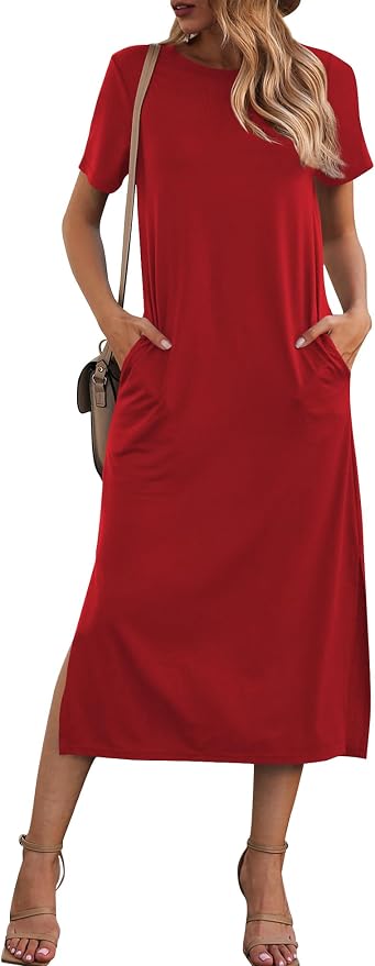 Naggoo Women's Casual T Shirt Midi Dress with Side Slit and Pockets