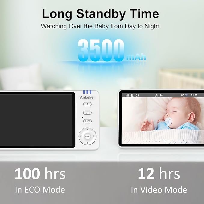 Baby Monitor with Camera and Audio, No WiFi Baby Monitor with 5" IPS LCD Screen, 100-Hour Battery, 1000ft Long Range, 2-Way Talk, Cry and Feeding Reminder, Night Vision and 355°PTZ