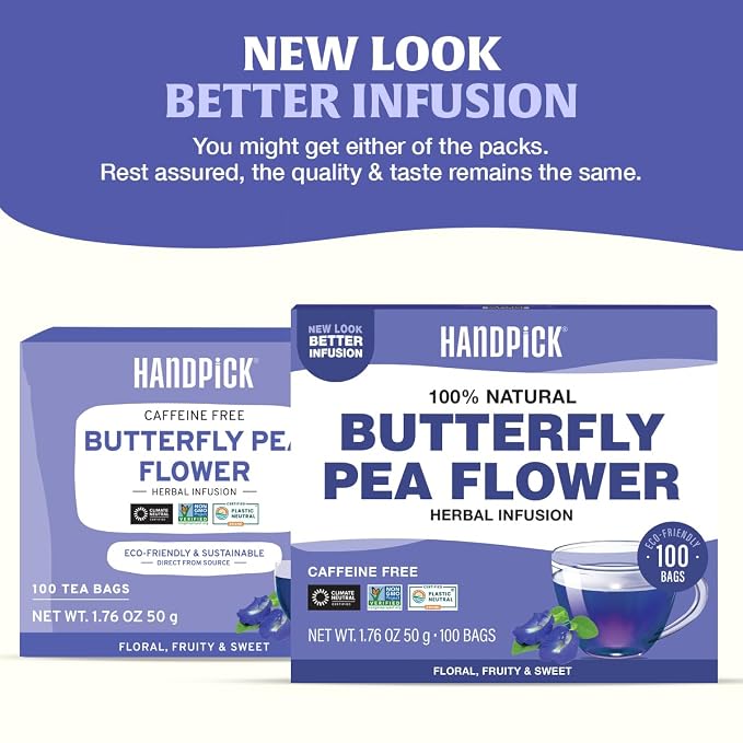HANDPICK, Butterfly Pea Flower Tea (100 Herbal Tea Bags) | Caffeine Free, Non GMO | Premium Dried Butterfly Pea Flowers For Blue & Purple Drinks, Food Coloring | Iced Teas, Coolers, Cocktails