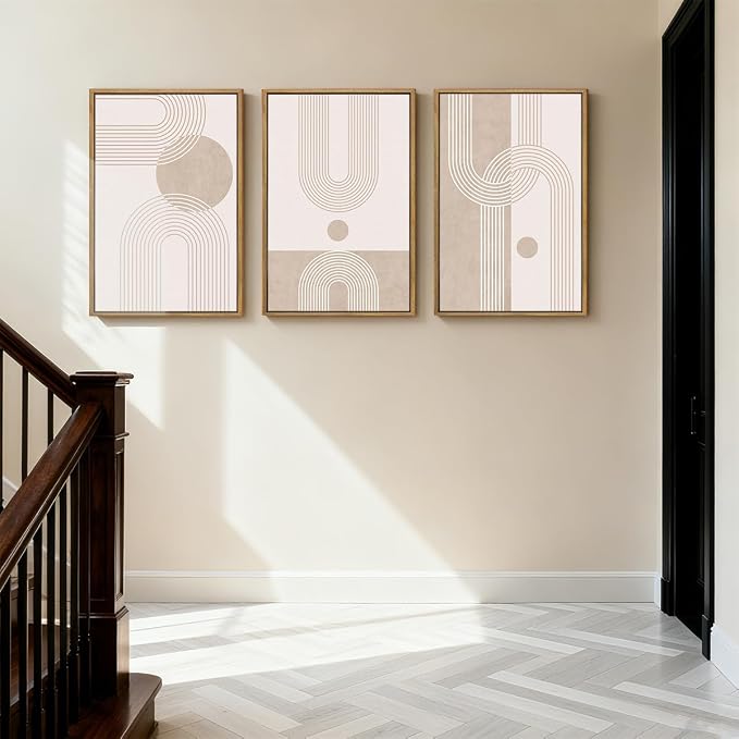 ANHUIB Neutral Boho Abstract Canvas Wall Art Set of 3 Framed Mid Century Modern Wall Decor Beige Geometric Line Artwork Minimalist Prints 16x24 Inch Painting for Living Room Bedroom Dining Room Office
