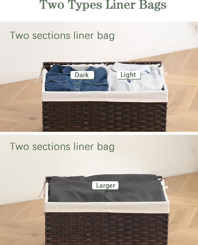 SETVSON Storage Basket with Lid PE Rattan Storage Basket 105L, Brown | 27.8 Gal Storage Bin with 2 Separate Lids, 2 Removable Liners for Clothes & Blankets, Sturdy Metal Frame, PE Rattan