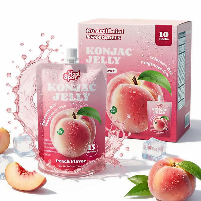 Healspot Real Fruit Juice Snacks Konjac Jelly with Collagen Peptides and Vitamin C, No Artificial Sweetener, Low Calories|Gluten Free|Keto Friendly, Healthy Korean Snacks 10 Pouches Peach Flavor
