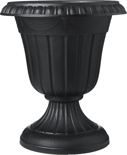 Arcadia Garden Products PL20BK Classic Traditional Plastic Urn Planter, Indoor or Outdoor Garden Decor, Flower Pot Vase 10x12 - Black