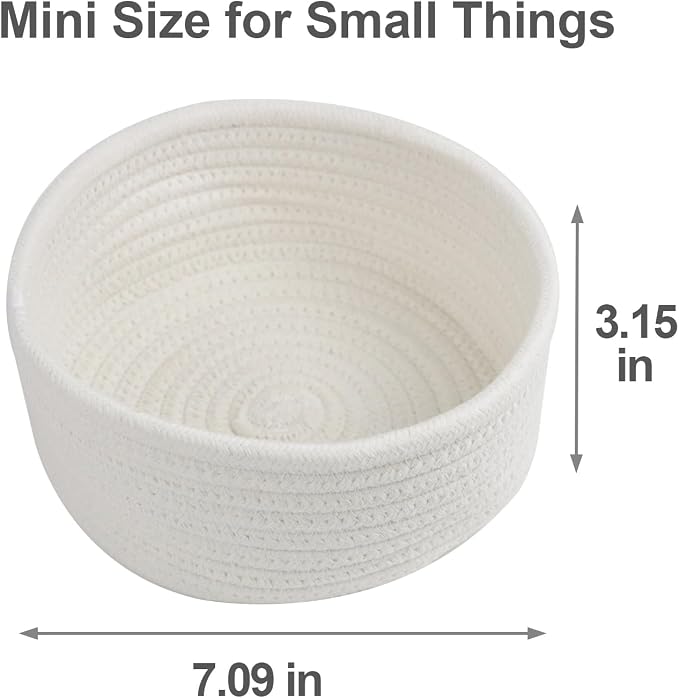 3 Pack Small Woven Cotton Rope Baskets for Organizing, White | Cute Mini Round Basket, Small Storage Baskets for Gift Empty, Decorative Boho Toy Baskets Bins for Nursery, Bathroom, Decor