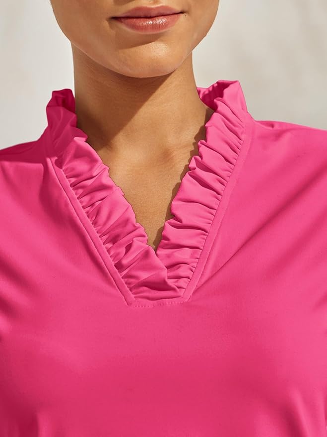 ACEGOLFS Womens Golf Polo Shirts Casual Ruffle V Neck Long Sleeve Tops for Women UPF 50+ Rash Guard Ladies Pullover Shirt