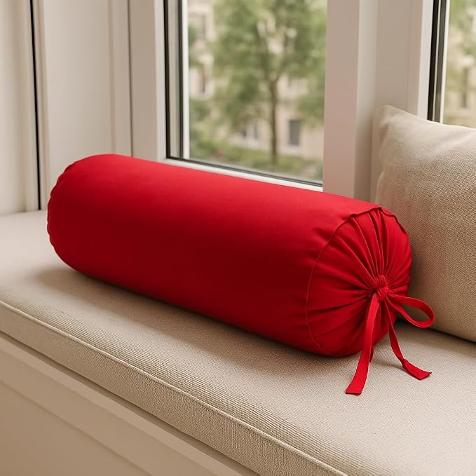 Cervical Neck Roll Pillow Cover with Cotton Bolster Pillowcases for Cylindrical Cushion and Drawstring Closure Round Neck Pillowcase 6" x 18" (15 x 45 cm) Red