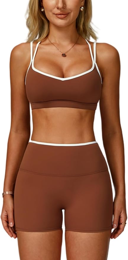 ABOCIW Workout Sets for Women 2 Piece Color Block Strappy Sports Bra High Waist Shorts Gym Yoga Pilates Outfits