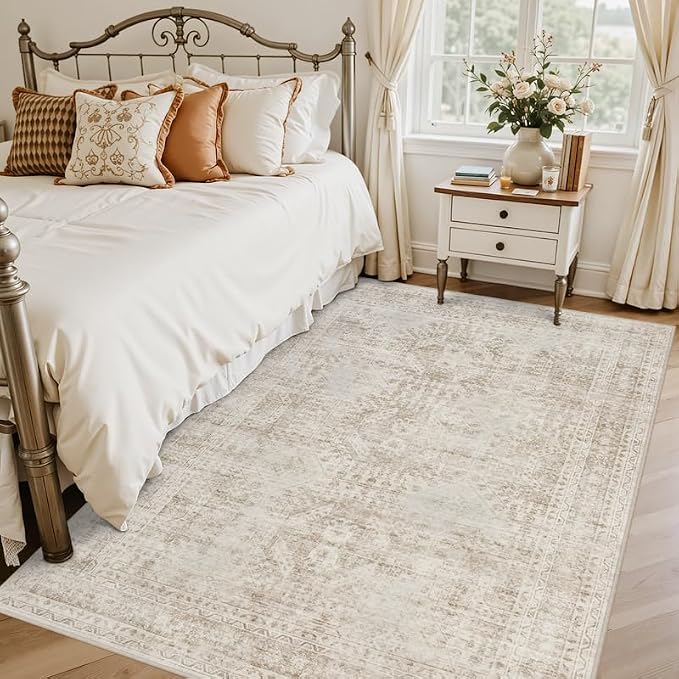 4x6 Area Rugs for Living Room: Vintage Boho Neutral Washable Rug Indoor Soft Large Area Rug Carpet for Bedroom Nursery Farmhouse Dining Room Office Floor Non-Slip Low Pile Under Table Rug Brown