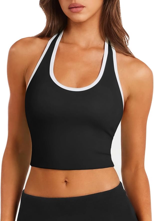 Halter Workout Top for Women: Open Back Sports Bra Color Block Tops with Built in Bra Yoga Gym Crop