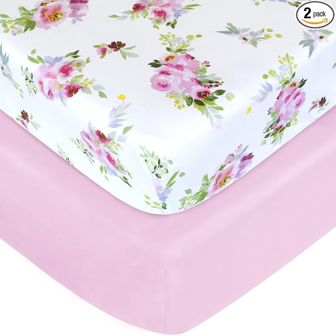 Crib Sheets Girls 2 Pack Floral, Fitted Crib Sheet for Standard Size Crib and Toddler Mattresses, Soft and Breathable Material, Floral