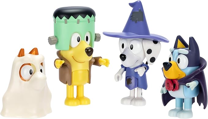 Bluey Figure 4-Packs, Halloween, 2.5" Poseable, Bingo, Chloe & Lucky Dressed in Halloween Costumes, with Accessories, Kids Can Recreate Their Favorite Moments