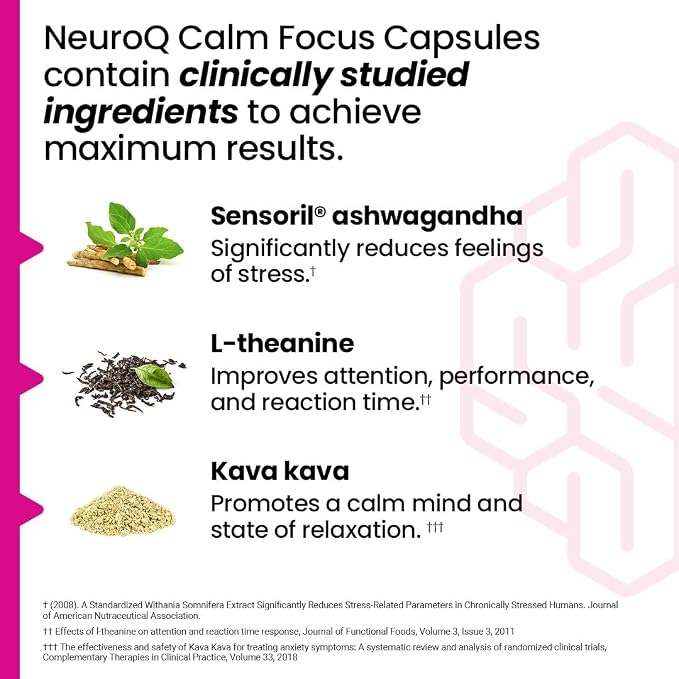 LifeSeasons NeuroQ Calm Focus Capsules - Stress Relief Supplement - Supports Mental Function & Relaxation - Sensoril Ashwagandha, Magnesium, GABA, L-Theanine, Andean Cocoa & Kava Kava - 60 Capsules