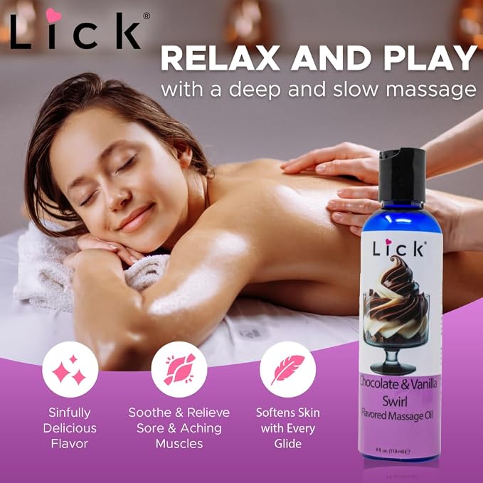 Lick Chocolate Vanilla Massage Oil – Classic Dessert Blend Edible Massage Oil with Vitamin E, Rich Smooth Texture for Couples Massage Experiences, 4 oz