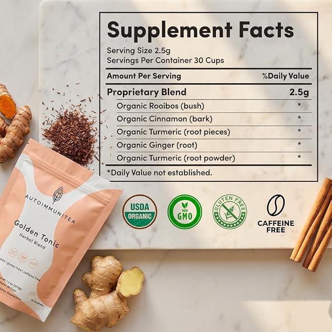 Organic Turmeric Ginger Loose Leaf Tea Bags – Immunity Tea, Wellness Tea, Caffeine Free, AIP Autoimmune Protocol, Whole30 Paleo, Ayurvedic Rooibos Golden Tonic Herbal Blend, 15 Count