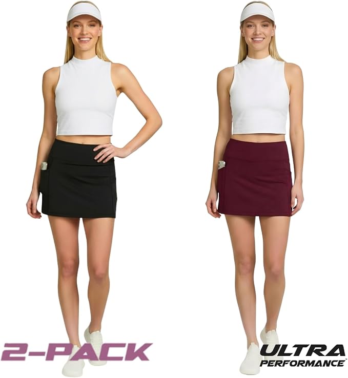 Ultra Performance Womens Golf Skirt 2 Pack Women’s Tennis Skort with Compression Liner Athletic Skirts for Women with Pockets