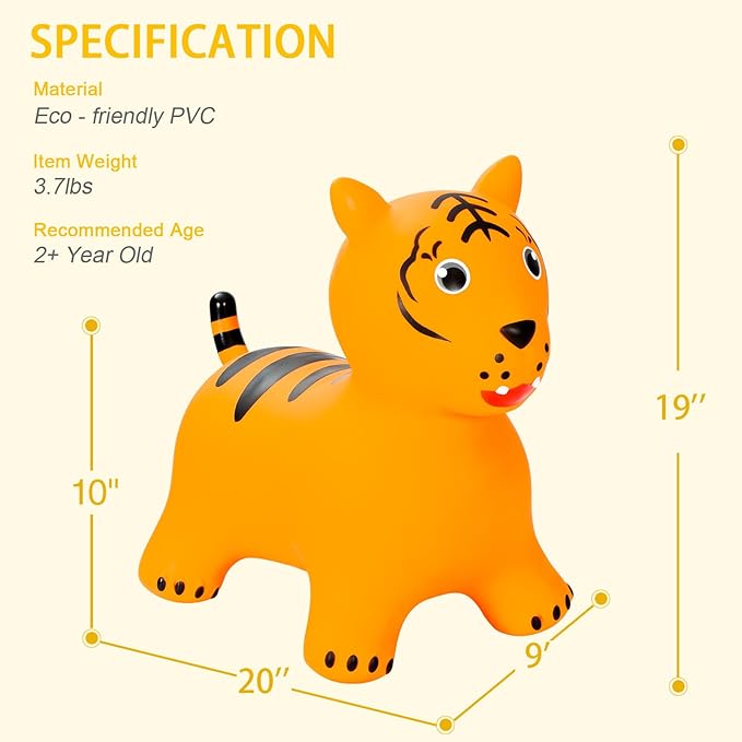 INPANY Bouncy Horse Tiger Hopper Toys, Toddlers Bouncing Zoo Animal Toys, Kid Hopping Bounce Buddies, Inflatable Ride on Rubber Bouncer, Outdoor Indoor Baby Birthday Gift for 2 3 4 Year Old Girl Boy