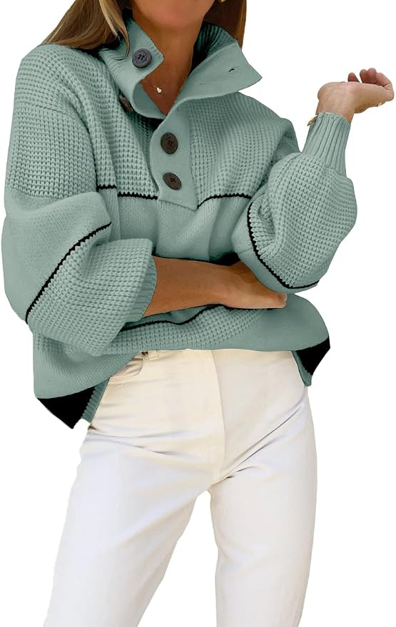 chouyatou Women's Slouchy Waffle Knit Sweater 1/2 Button Polo Collared Pullover Striped Sweater Tops