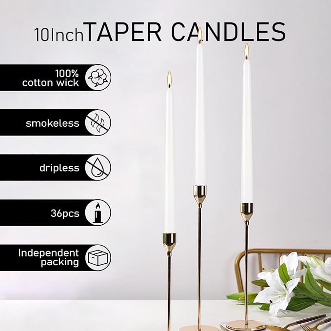 YOROXRG 36 Pack White Taper Candles, 7-8 Hours Burn Time, Unscented, Smokeless and Dripless, 0.8 x 10 Inch Dinner Candle Set for Household, Wedding, Party and Home Décor Candlesticks