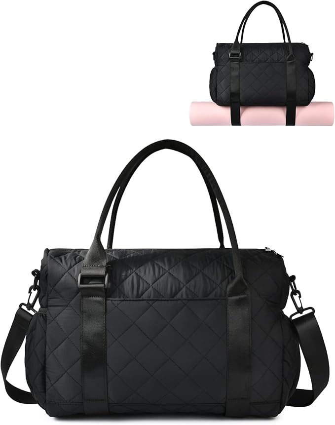 Gym Bag for Women with Yoga Mat Holder, Small Mini Gym Tote Bag Puffy Quilted Lightweight Sports Duffel Bag with Wet Compartment for Dance Yoga Workout Travel - Black
