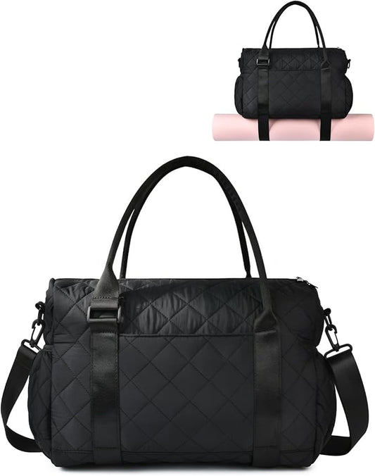 Gym Bag for Women with Yoga Mat Holder, Small Mini Gym Tote Bag Puffy Quilted Lightweight Sports Duffel Bag with Wet Compartment for Dance Yoga Workout Travel - Black