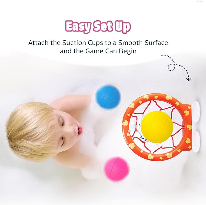 Bath Toys - Bathtub Basketball Hoop for Toddler Kids - Mold-Free Bath Toys with Strong Suction Cups and 3 Colorful No-Hole Balls - Fun Shower and Bathtub Toy for Toddlers