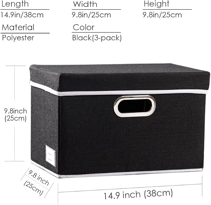 Foldable Storage Bin with Lid [5-Pack] Linen Fabric Decorative Storage Box Organizer Container Basket Cube with Handles Divider for Closet Office Living Room Black(14.9x9.8x9.8)