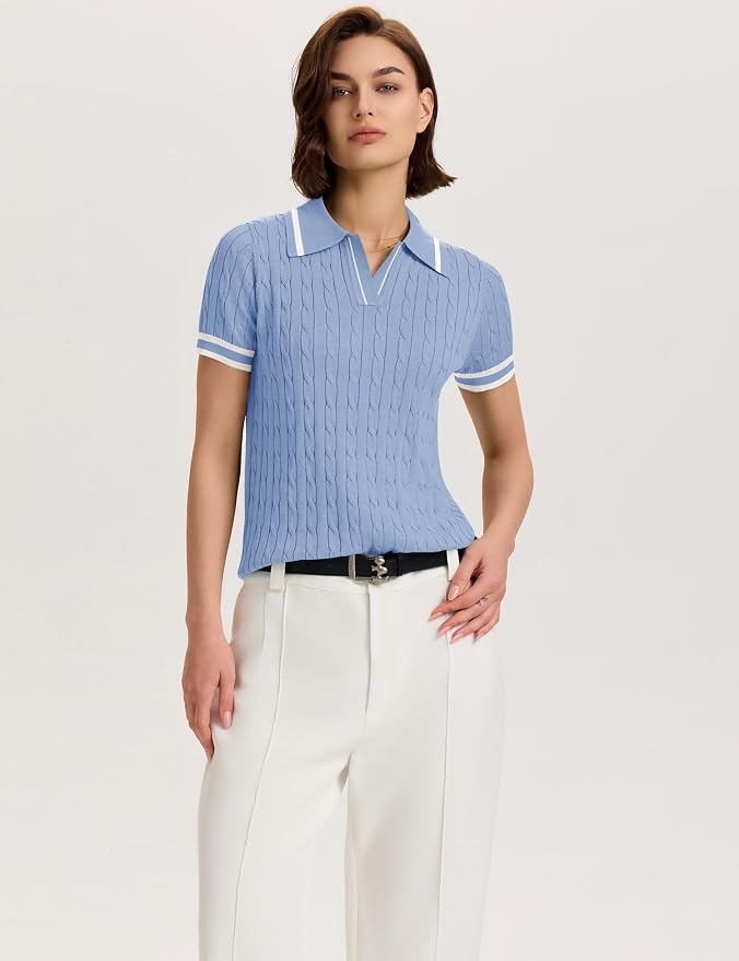 Micoson Womens Short Sleeve Sweater Tops Lapel V Neck Polo Shirts 2026 | Summer Cable Knit Loose Blouses, Business Casual Outfits