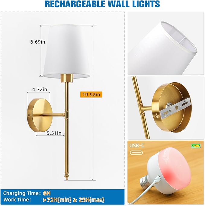 19.9 inch Battery Operated Wall Sconce Set of 2,Gold Rechargeable Wall Lights with 10400mAh Dimmable Detachable Bulbs and Remote,10 Colors Wireless Sconces for Bedroom Living Room Hallway