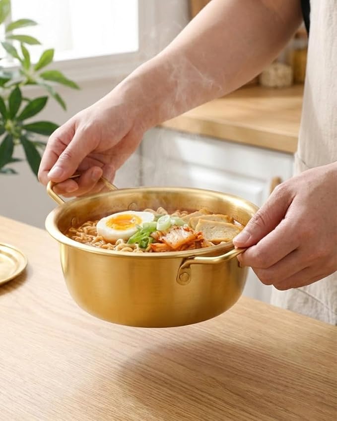 Korean Ramen Cooking Pot, Korean Noodle Pot Ramen Cooking Pots Instant Noodle Pots With Lid Spoon And Chopsticks (1pair) For Kitchen Cookware (8.8 x 3.4 Inches)