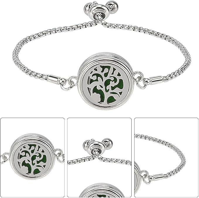 SUNNYCLUE 1 Box 2 Sets Tree of Life Essential Oil Bracelet Blank Bangles bulk with 10Pcs Refill Pads Stainless Steel Aromatherapy Diffuser Locket Adjustable Band Jewelry for Women Birthday Gifts Adult