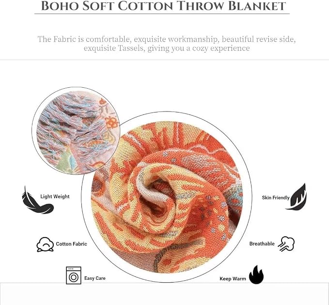 Boho Throw Blanket for Bed 100% Cotton Bohemian Blankets Ultra Soft Woven Muslin Decorative Blankets All Seasons Vintage Quilt Knitted Blanket for Sofa Chair(Orange, 60"x80")