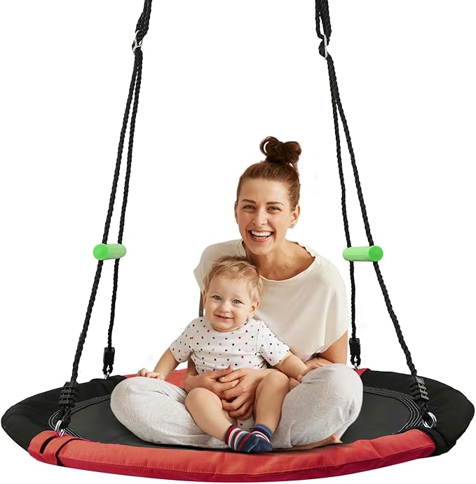 YSEJOMP 3.3FT Round Saucer/Tree Swing with Handles -Made of Sturdy Frame,PP Mat,Adjustable Multi-Strand Ropes,Safe and Durable for Yard Garden Playground Park (Black and Red, 40 inches)