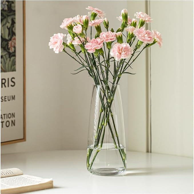 FANTESTICRYAN Modern Glass Vase, 8.7''H Decor Flower Vases, Crystal Clear | Crystal Clear Glass Fresh/Faux Floral Vases, For Home Office Table Centerpiece Decor Housewarming Wedding Gift for Lover