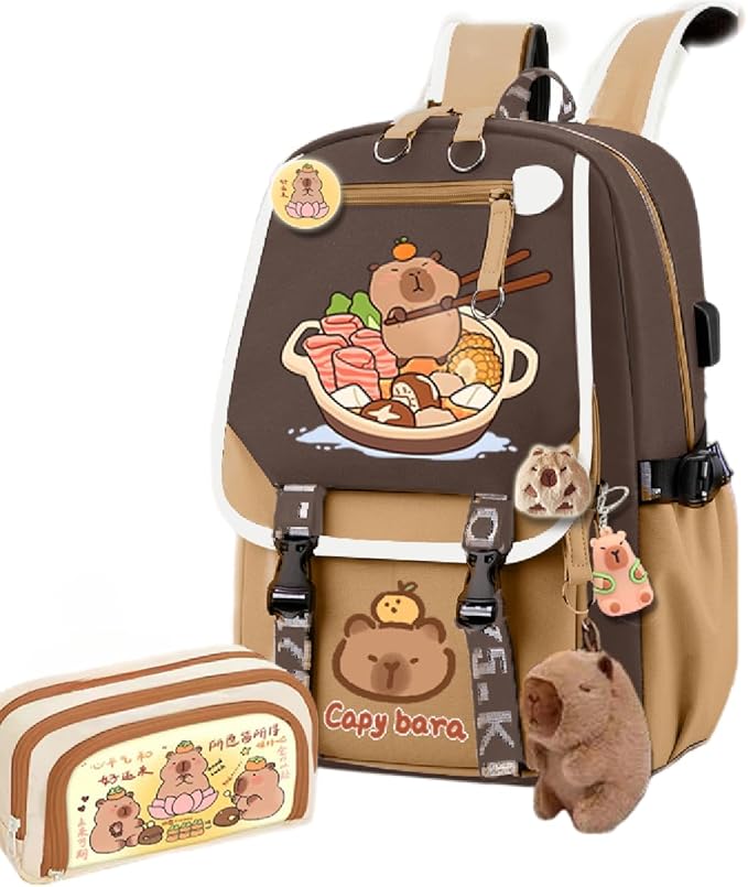 Kapibara Capybara Cartoon Backpack Large Capacity Waterproof Kapibara stuff kawaii backpack with pins and Accessories (pattern 12)