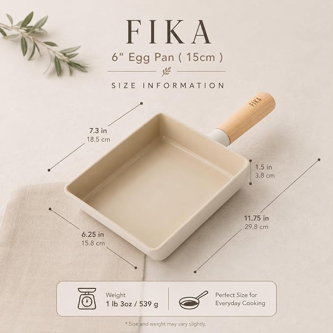 FIKA 6-Inch Nonstick Tamagoyaki Egg Pan, Japanese Omelette Pan for Rolled Eggs, Rectangular Frying Pan with Wooden Handle, Induction Compatible, Made in Korea (15cm)