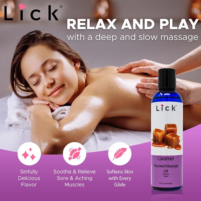 Lick Caramel Flavored Massage Oil – Warm Dessert Edible Massage Oil with Vitamin E, Smooth Body-Safe Texture for Intimate Couples Massage & Relaxation, 4 oz