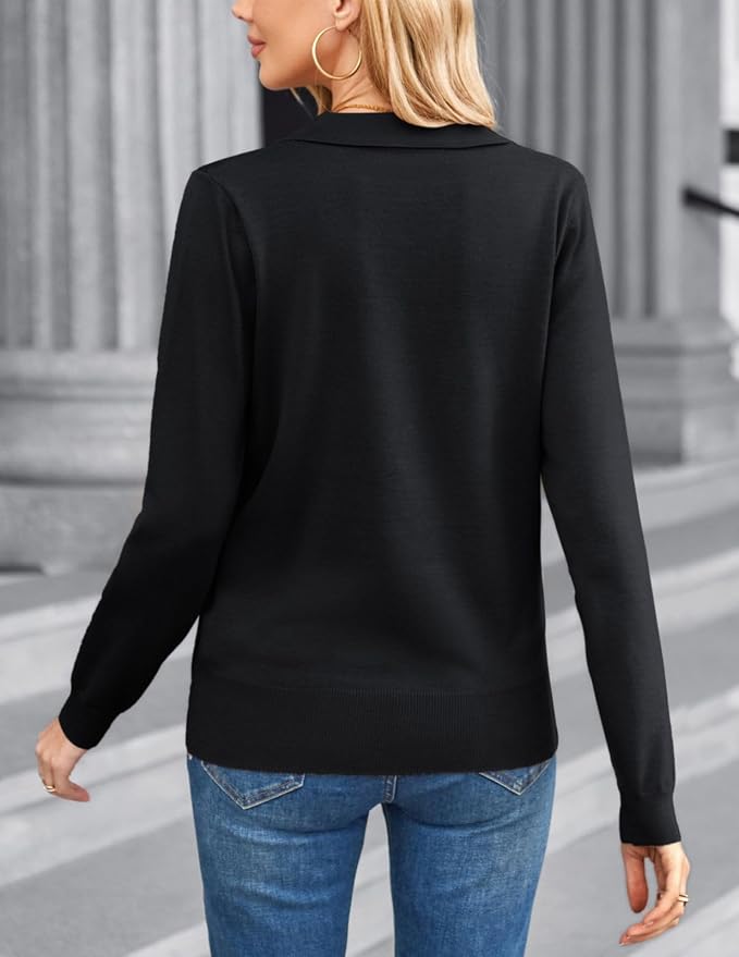 Women's Long Sleeve Classic V Neck Casual Fall Winter Polo Sweater Tops | Basic Collared Knitted Fashion Work Business Formal Daily Wear Versatile Pullover Shirts