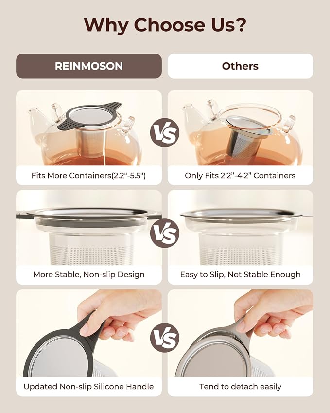 Reinmoson Large Tea Strainers & Filters for Loose Tea Single Cup, 304 Stainless Steel and Food Grade Silicone Extra Fine Mesh Tea Infusers for Loose Tea