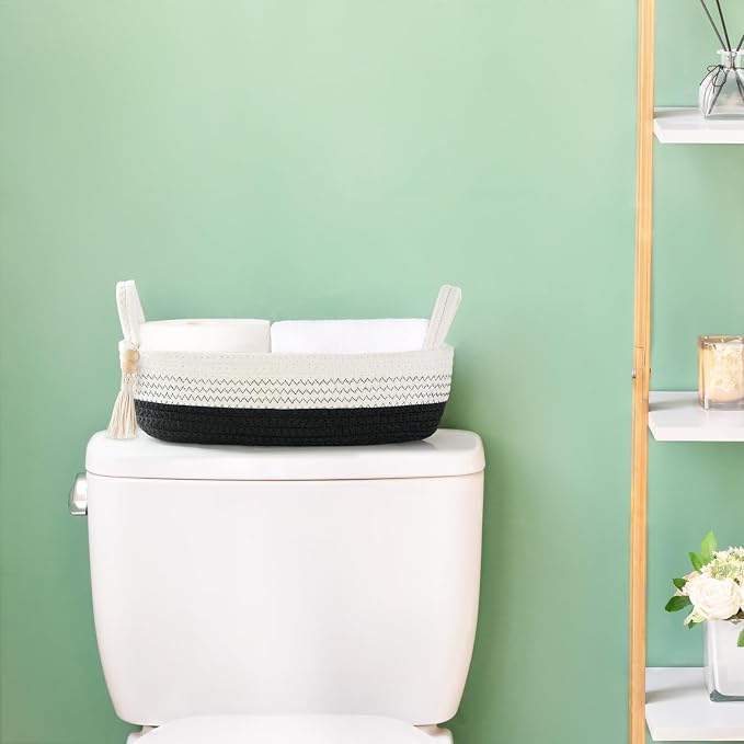 Mkono Toilet Paper Basket, Boho Bathroom Decor, Small Storage Organizer | Black and White, 13"L x 6"W, Back of Toilet Basket, Decorative Woven Tray with Handles, Space-Saving, Living Room Bedroom