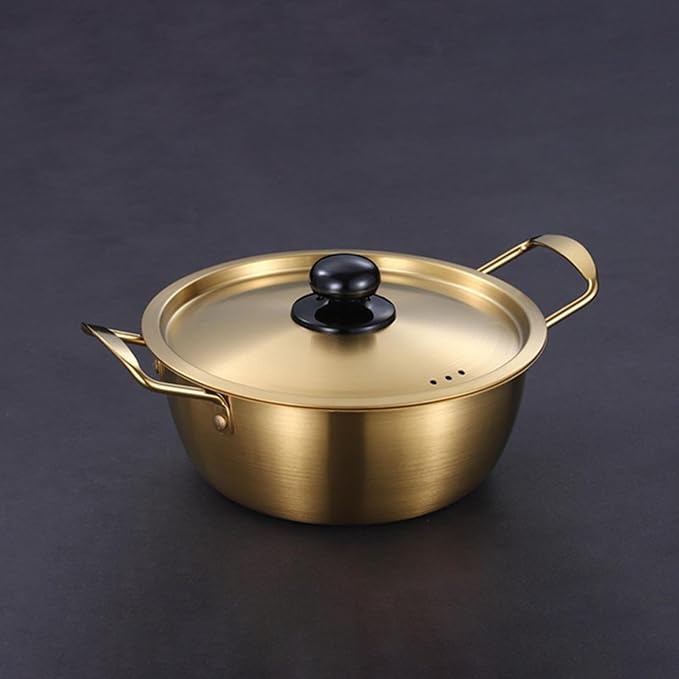 Korean Ramen Pot Stainless Steel Noodle Cooking Pot with Lid Induction Cooker Lightweight Golden Soup Pot Double Handle Suitable for Camping Hiking Pi, 20cm